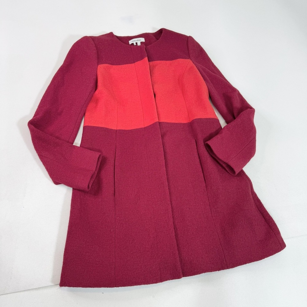 Manoukian Coat Womens 4 Pink Red Wool Blend Colorblock Lined Long Jacket
